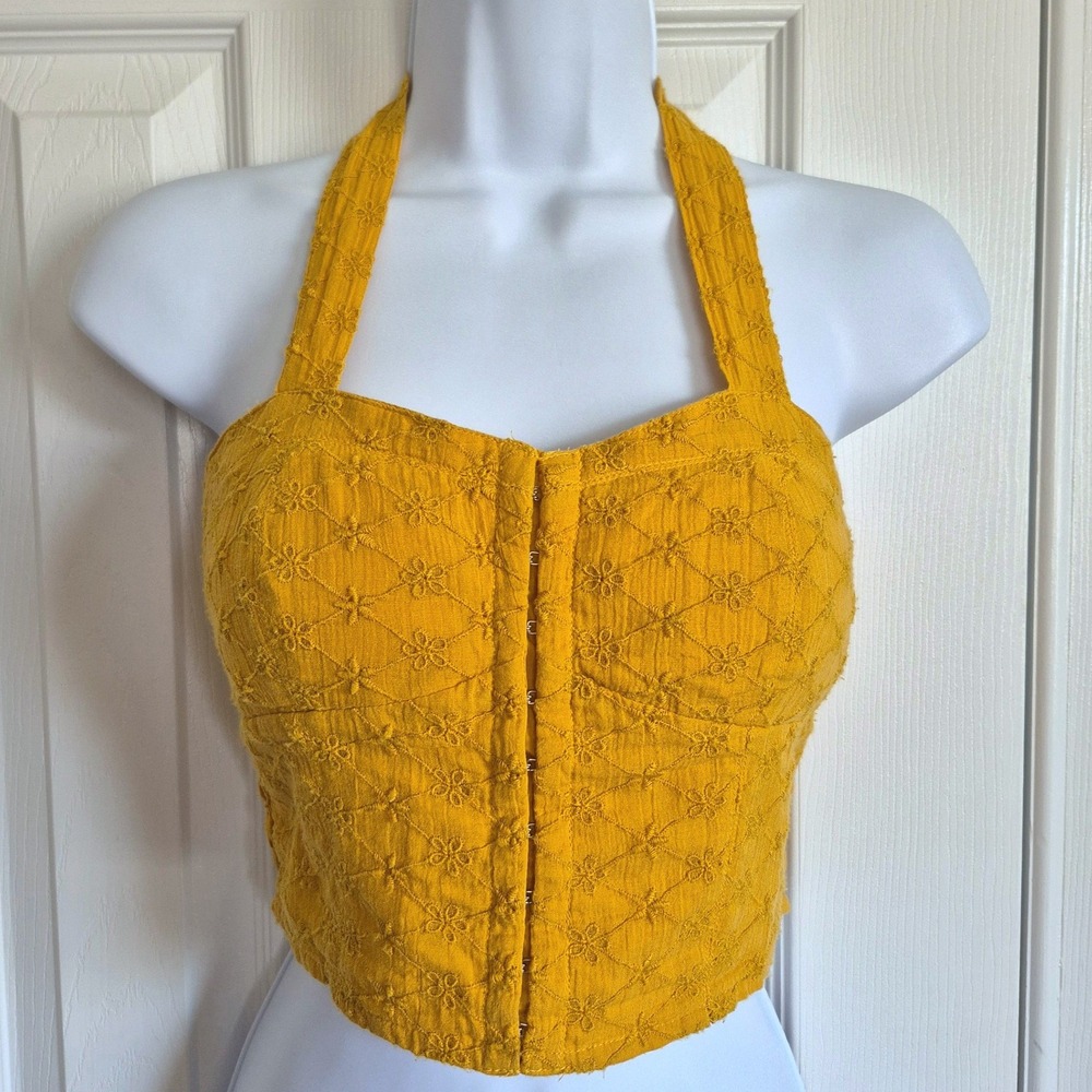 American Eagle yellow‎ lace crop halter top womens XS